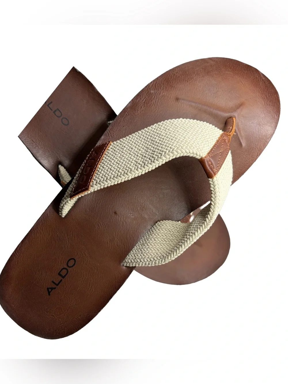 Aldo Brown Leather Footbed with Cream Woven Strap Flip Flops size 12